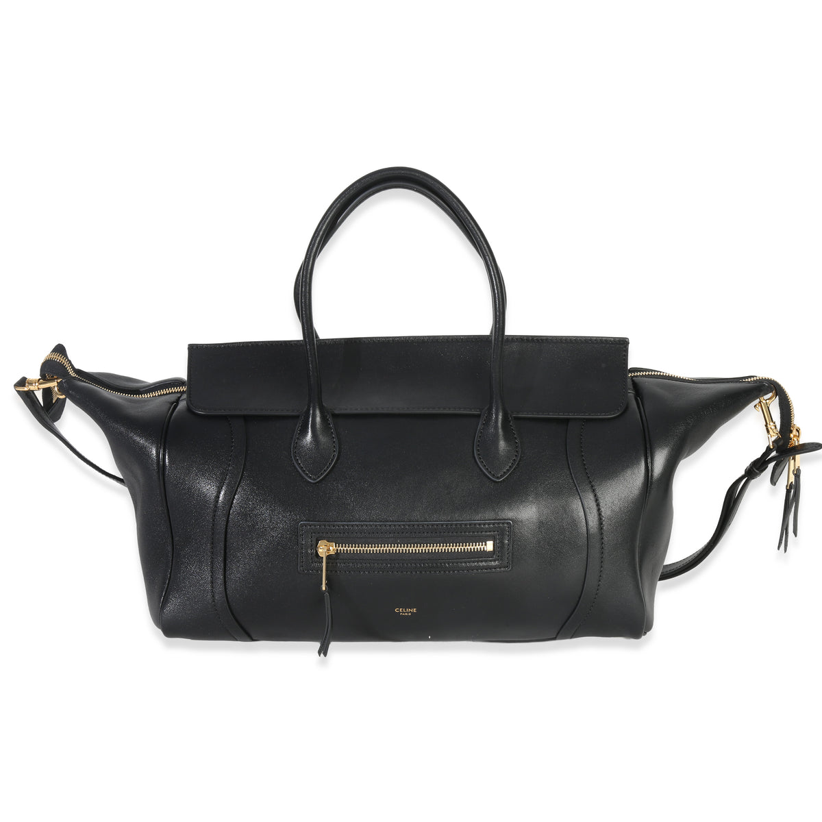 Celine Black Supple Shiny Lambskin Medium New Luggage Handbag fv