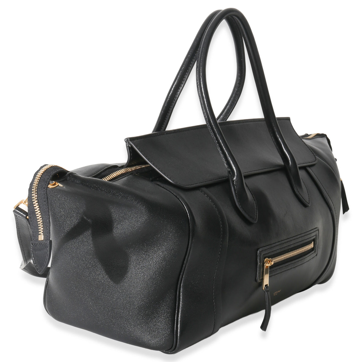 Celine Black Supple Shiny Lambskin Medium New Luggage Handbag pv