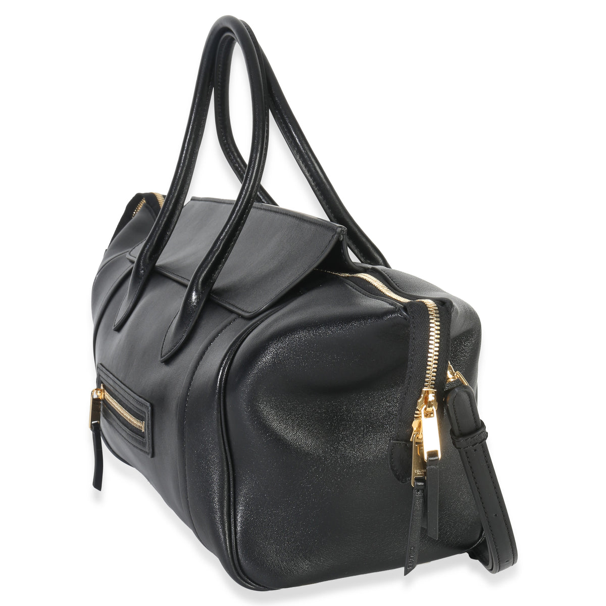 Celine Black Supple Shiny Lambskin Medium New Luggage Handbag sv