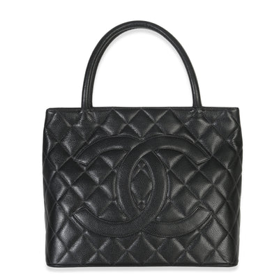 Chanel Vintage Black Quilted Caviar Medallion Tote Handbag fv