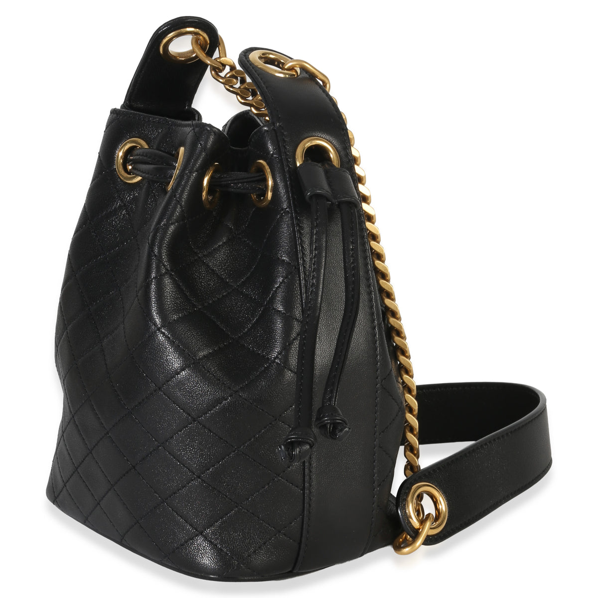 Saint Laurent Black Quilted Lambskin Cassandre Logo Plaque Small Bucket Bag Handbag sv