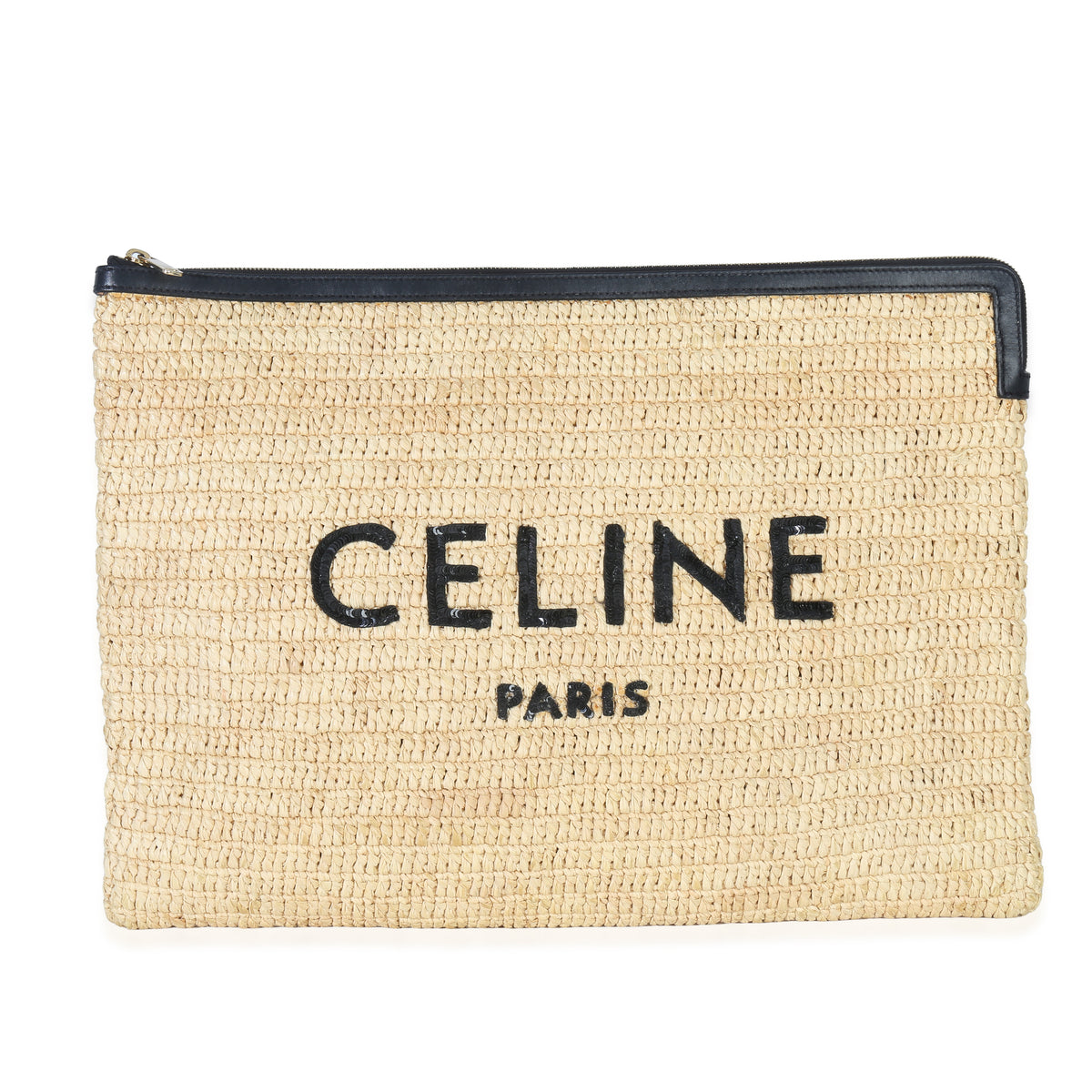 Celine Beige Raffia Sequin Logo Clutch Handbag fv