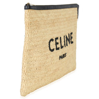 Celine Beige Raffia Sequin Logo Clutch Handbag pv