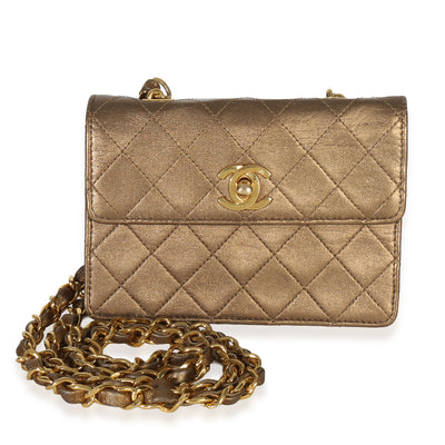 Chanel Vintage Gold Metallic Quilted Lambskin Extra Mini Square Flap Bag Handbag fv