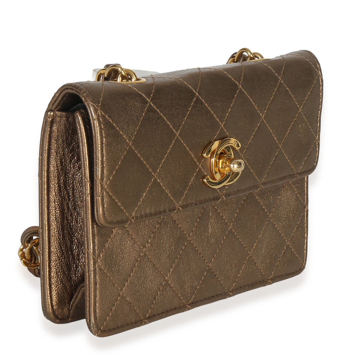 Chanel Vintage Gold Metallic Quilted Lambskin Extra Mini Square Flap Bag Handbag pv