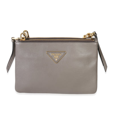 Prada Grey Calfskin Enameled Metal Triangle Crossbody Bag Handbag fv