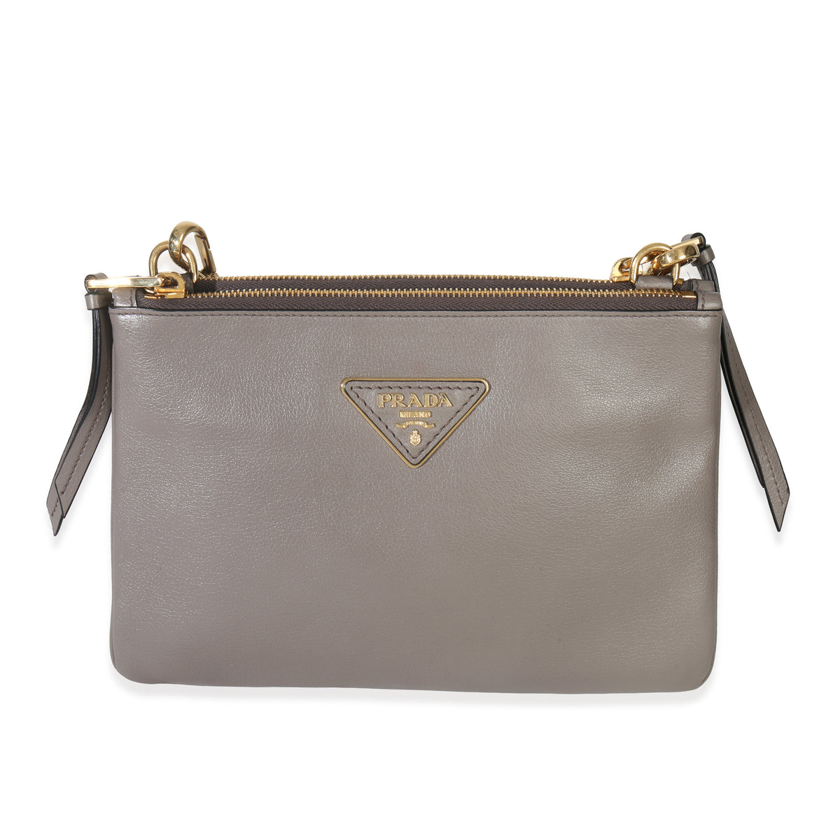 Prada Grey Calfskin Enameled Metal Triangle Crossbody Bag Handbag fv