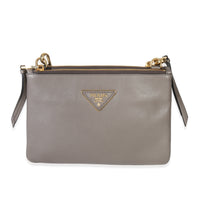 Prada Grey Calfskin Enameled Metal Triangle Crossbody Bag Handbag fv
