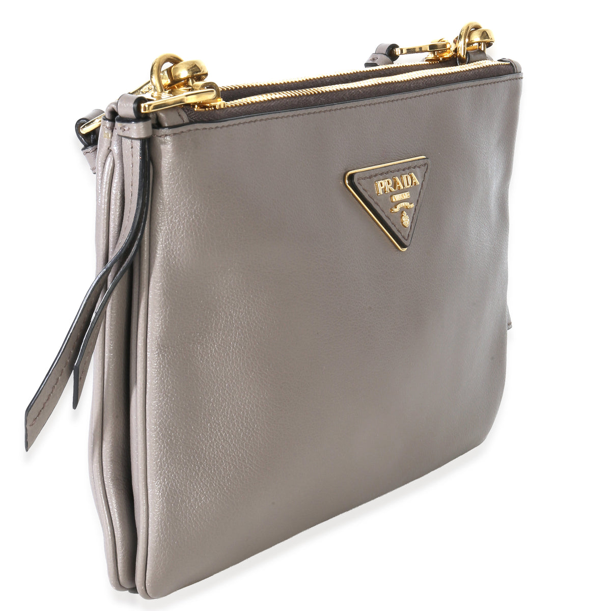 Prada Grey Calfskin Enameled Metal Triangle Crossbody Bag Handbag pv