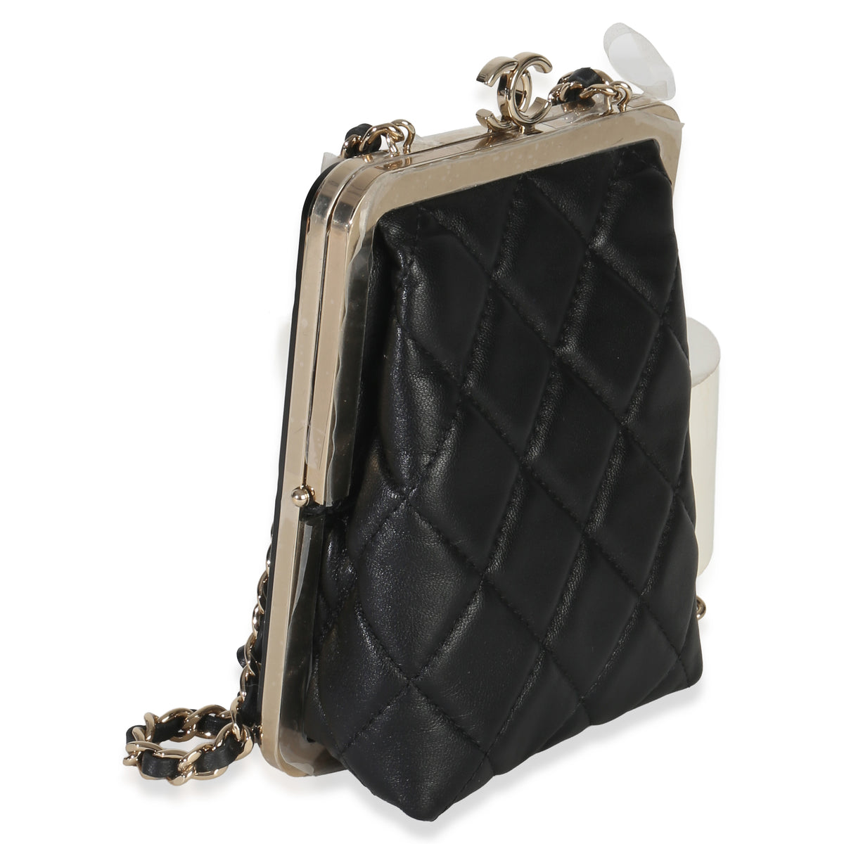 Chanel Black Quilted Lambskin CC Frame Clutch With Chain Handbag pv