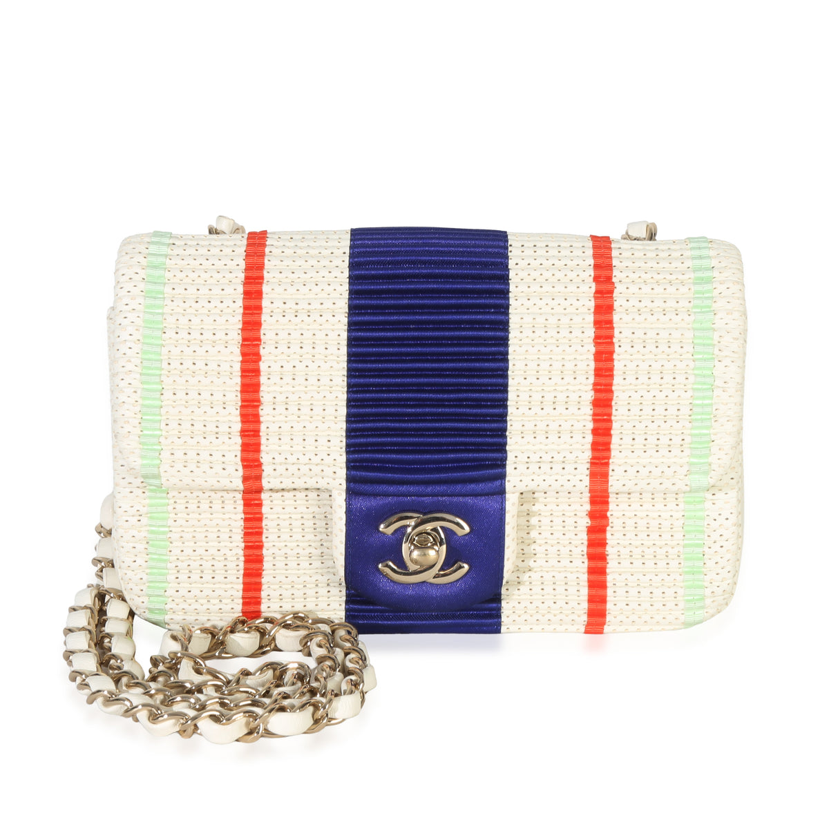White Multicolor Stripe Perforated Lambskin Pleated Mini Single Flap Bag