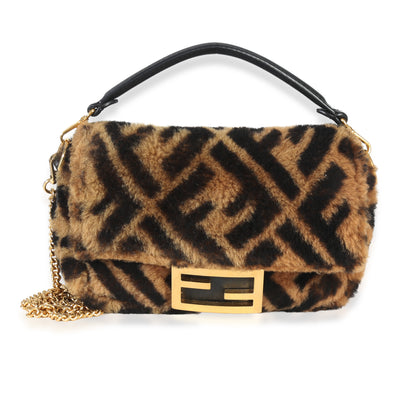 Tobacco Black Shearling Vitello Dolce Macro FF 1974 Mini Baguette Bag