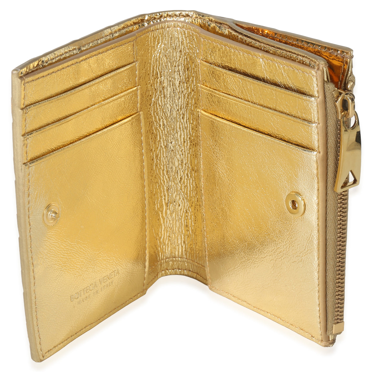 Bottega Veneta Gold Metallic Intrecciato Bi Fold Wallet Handbag av