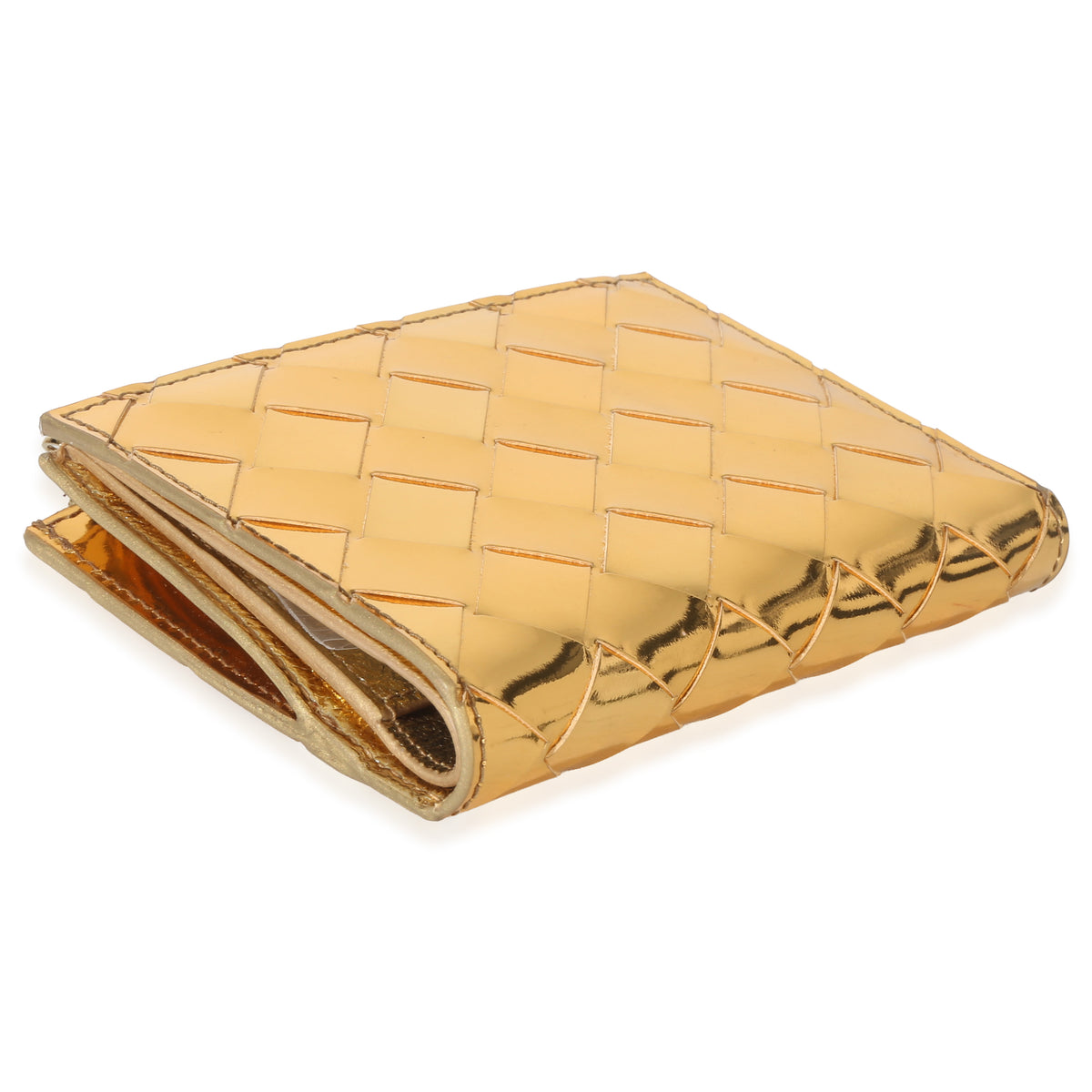 Bottega Veneta Gold Metallic Intrecciato Bi Fold Wallet Handbag clasp