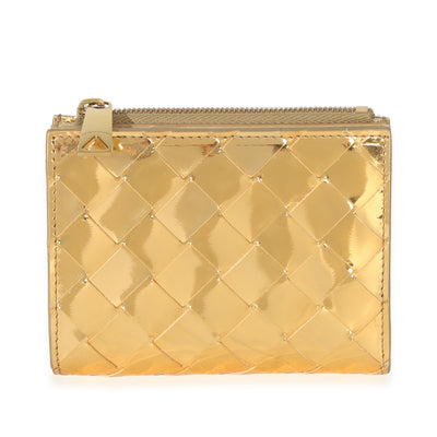 Bottega Veneta Gold Metallic Intrecciato Bi Fold Wallet Handbag fv