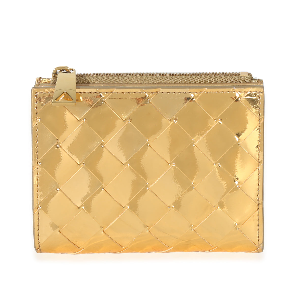 Bottega Veneta Gold Metallic Intrecciato Bi Fold Wallet Handbag fv
