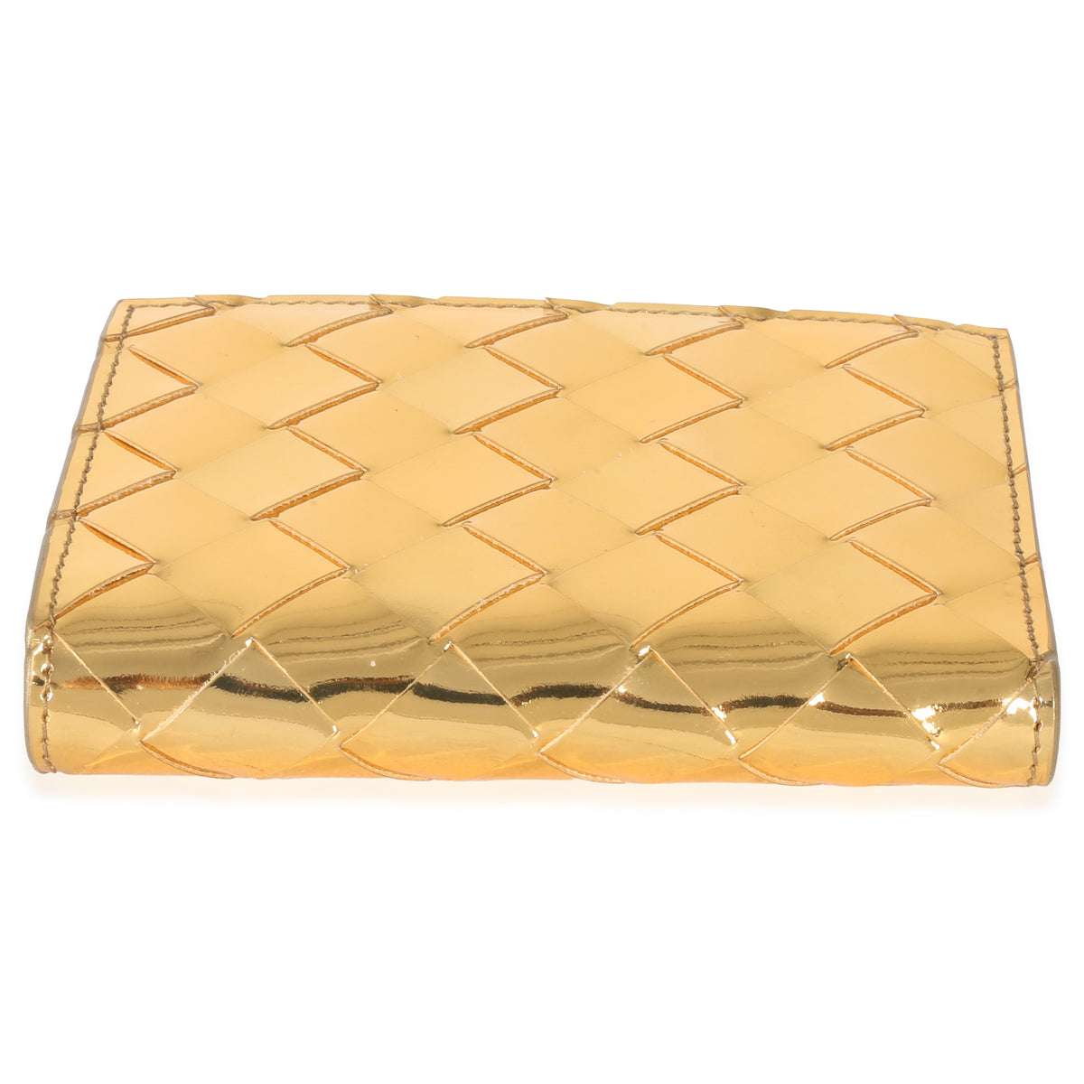 Bottega Veneta Gold Metallic Intrecciato Bi Fold Wallet Handbag stamp