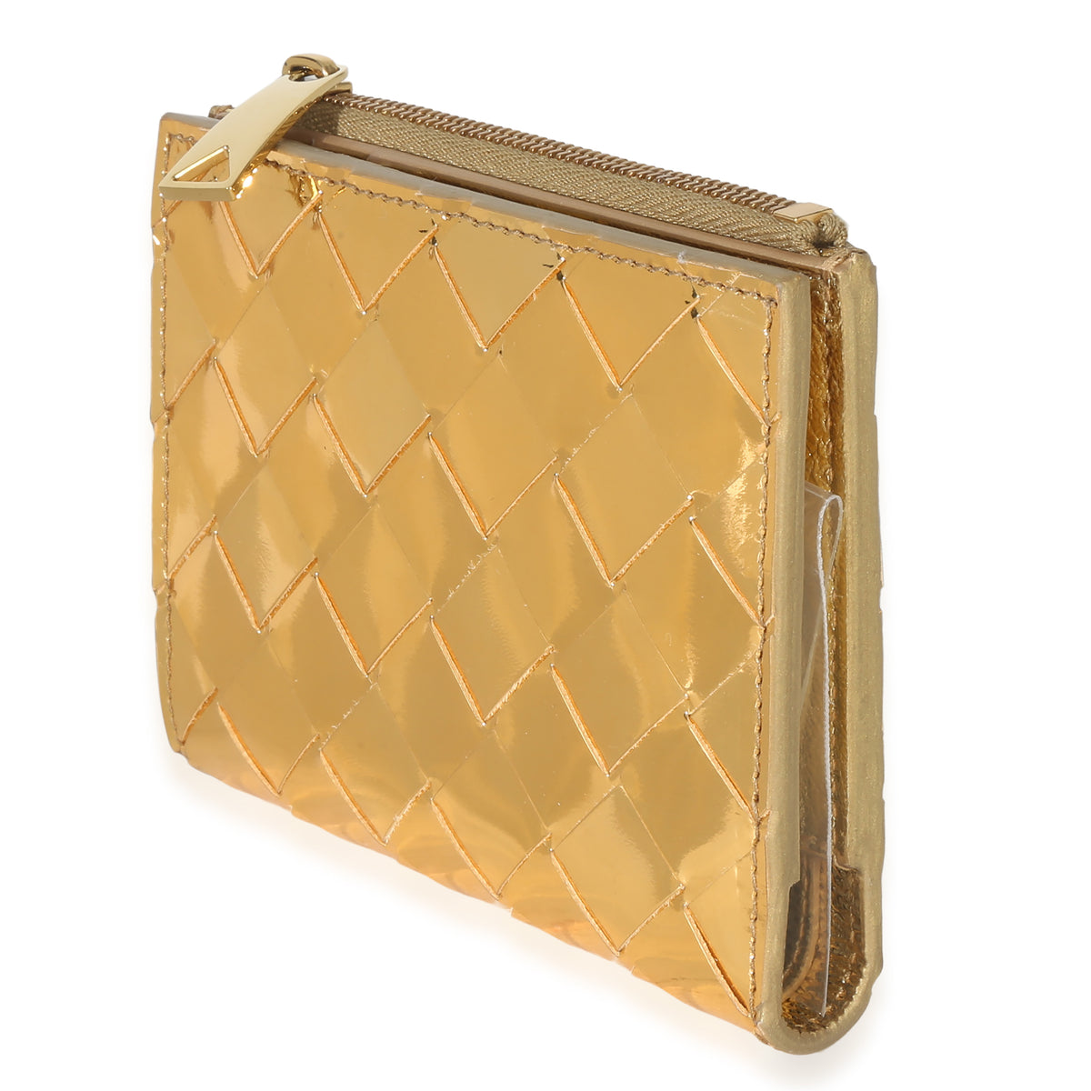 Bottega Veneta Gold Metallic Intrecciato Bi Fold Wallet Handbag sv