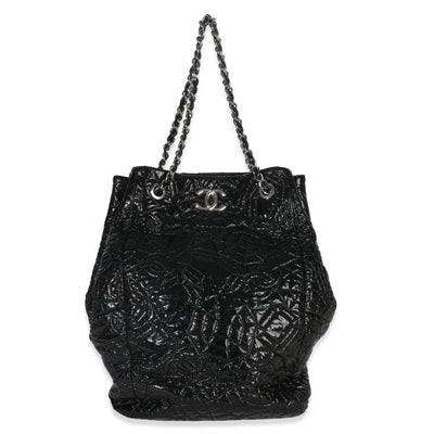 Black Camellia Embossed Patent Vinyl Accordion Hobo