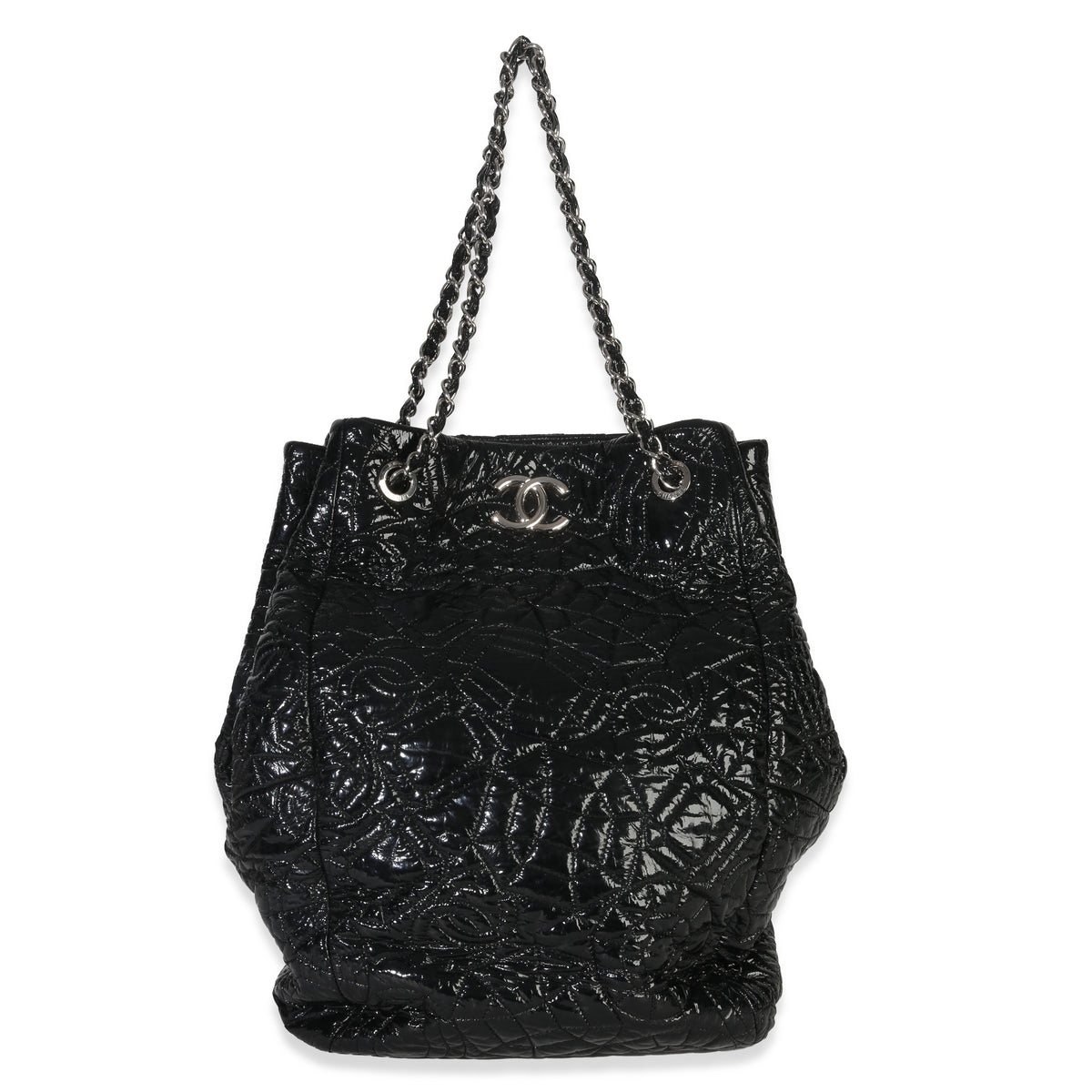 Black Camellia Embossed Patent Vinyl Accordion Hobo