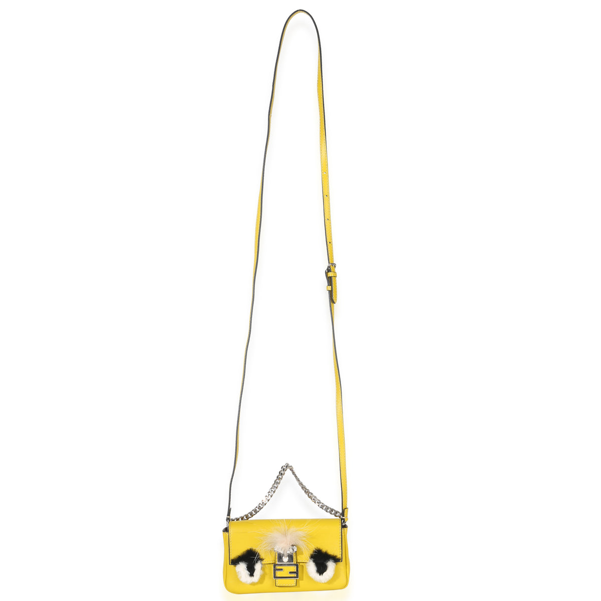 Fendi Yellow Leather Fox Fur Buggie Micro Baguette Handbag ad1