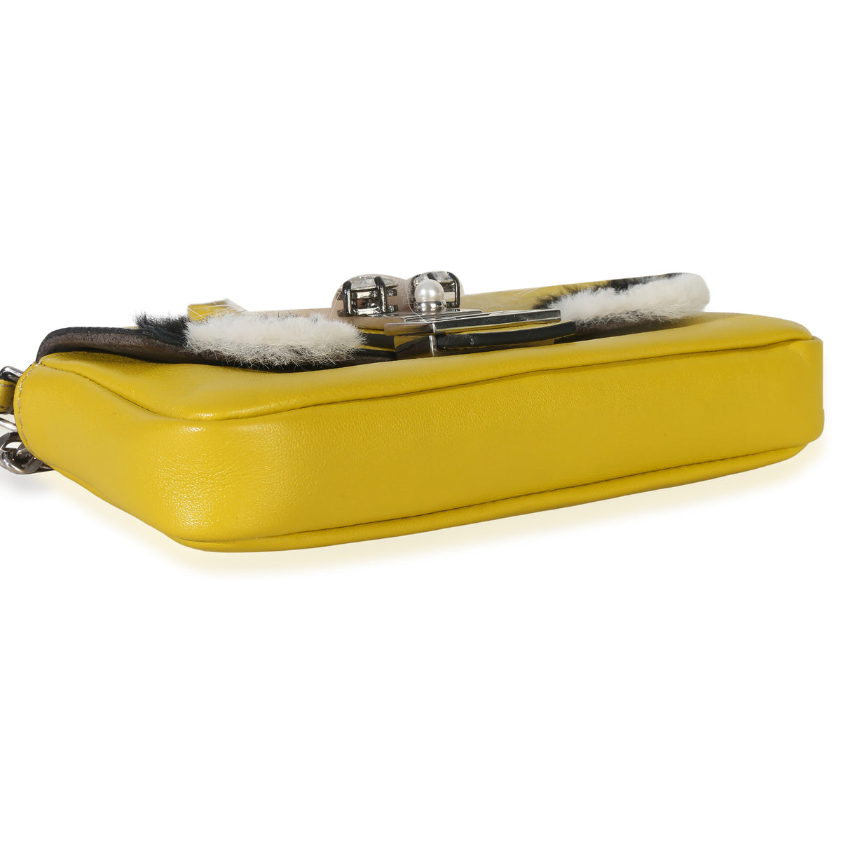 Fendi Yellow Leather Fox Fur Buggie Micro Baguette Handbag clasp