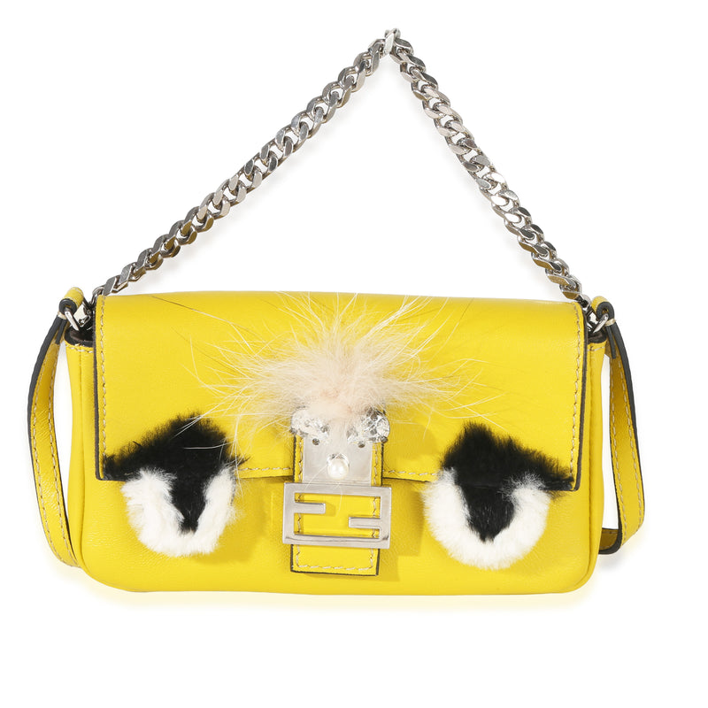 Fendi Yellow Leather Fox Fur Buggie Micro Baguette Handbag fv