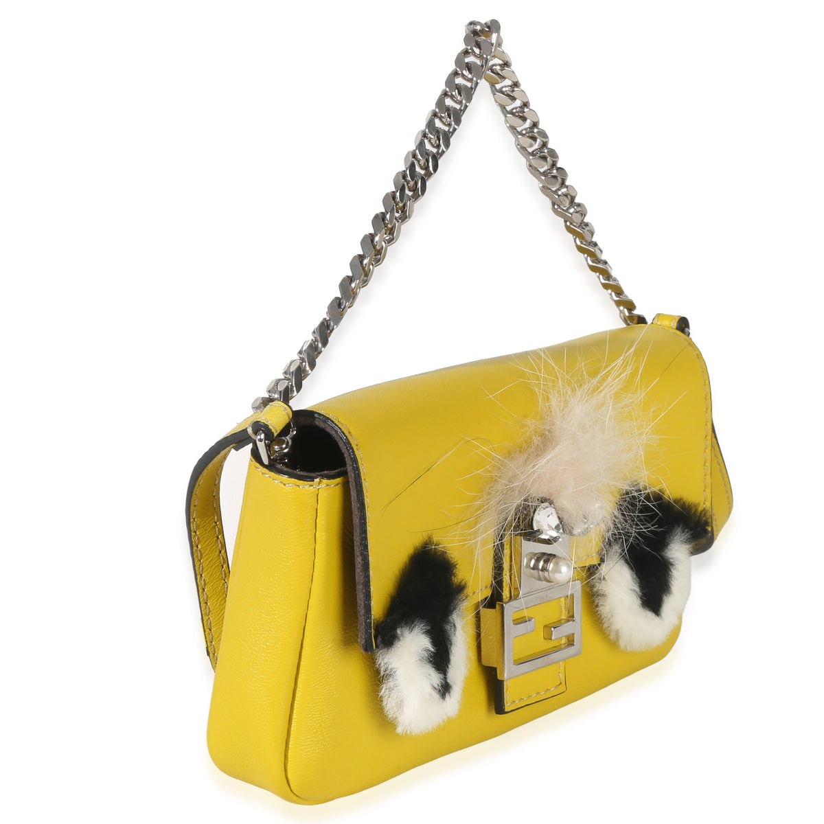 Fendi Yellow Leather Fox Fur Buggie Micro Baguette Handbag pv