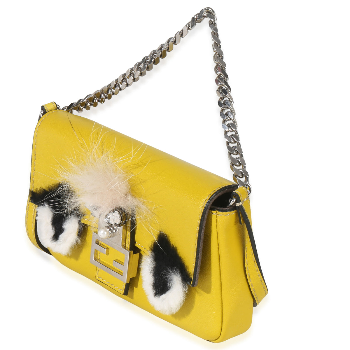 Fendi Yellow Leather Fox Fur Buggie Micro Baguette Handbag sv