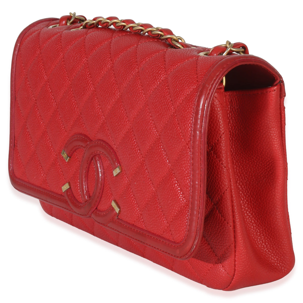 Chanel Red Quilted Caviar Small Filigree Flap Bag Handbag sv