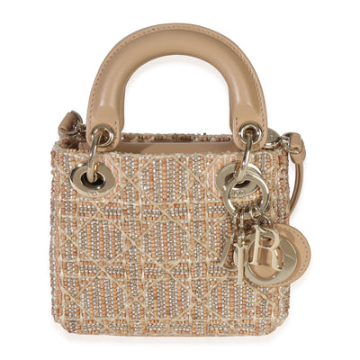 Gold Beaded Crystal Lambskin Cannage Micro Lady Dior