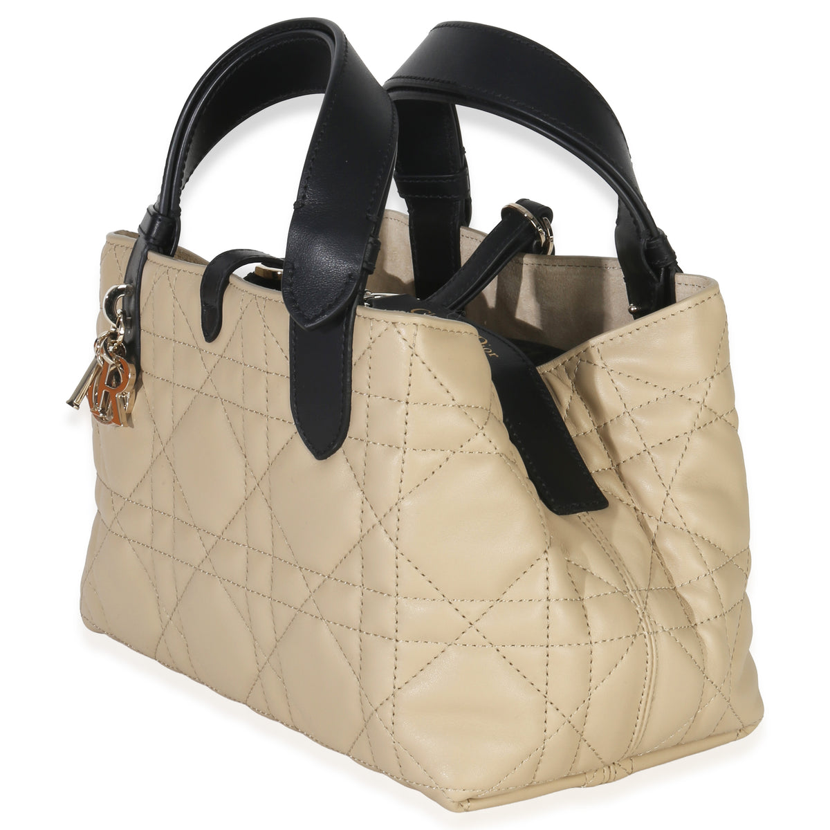 Christian Dior Rope Beige Black Calfskin Macrocannage Small Toujours Handbag pv