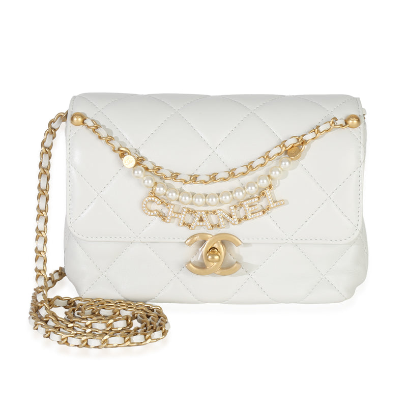 White Shiny Quilted Calfskin Mini Pearl Logo Flap Bag