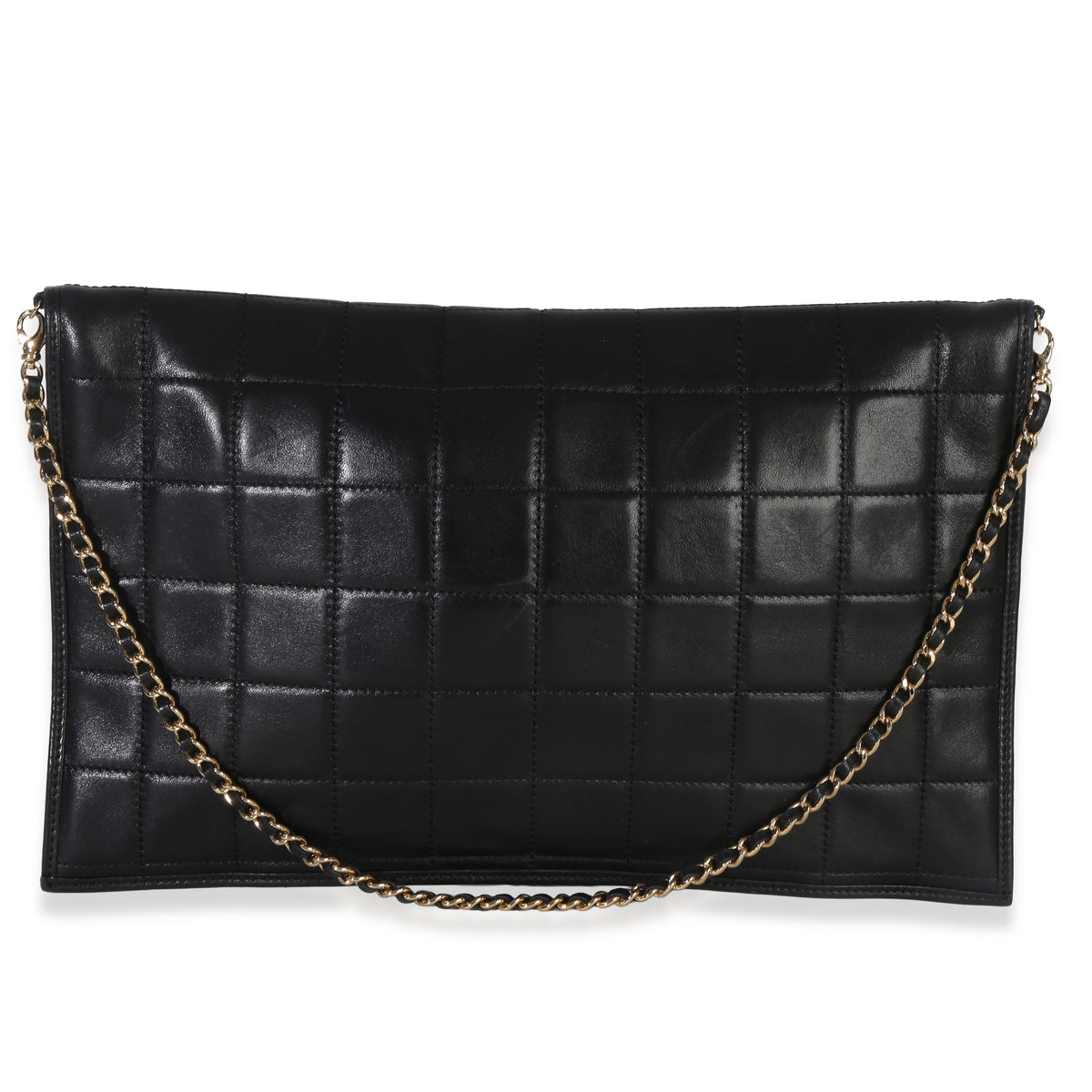 Chanel Vintage Black Lambskin Chocolate Bar Foldover Chain Clutch Handbag bv