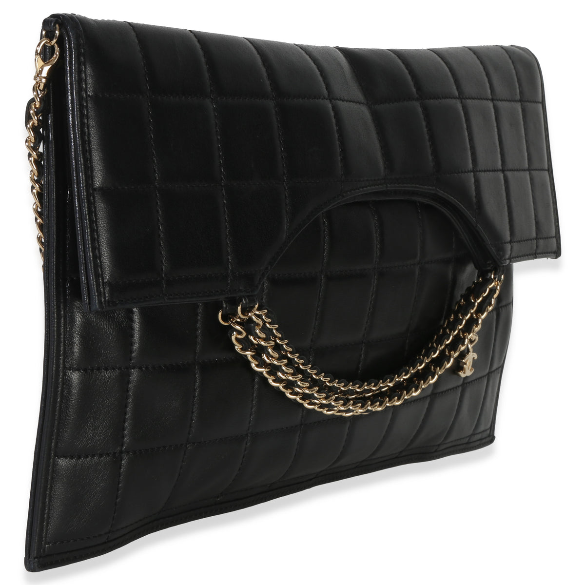 Chanel Vintage Black Lambskin Chocolate Bar Foldover Chain Clutch Handbag pv
