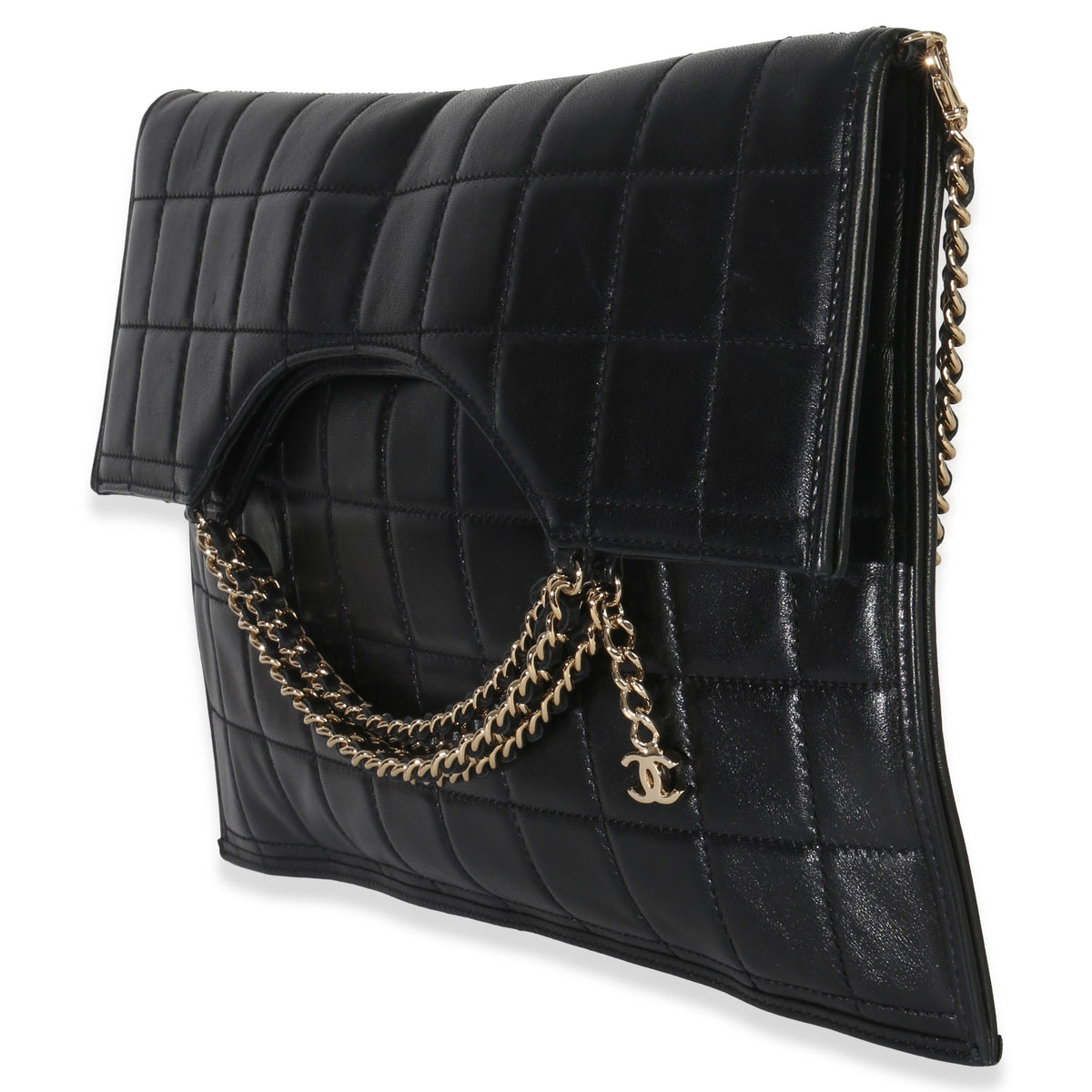 Chanel Vintage Black Lambskin Chocolate Bar Foldover Chain Clutch Handbag sv