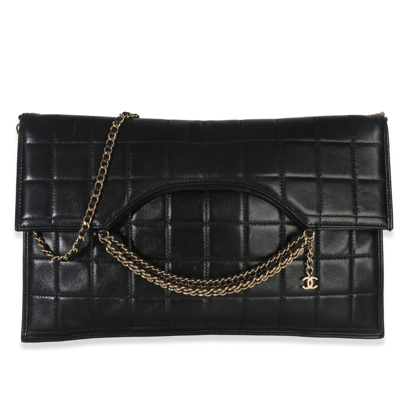 Vintage Black Lambskin Chocolate Bar Foldover Chain Clutch