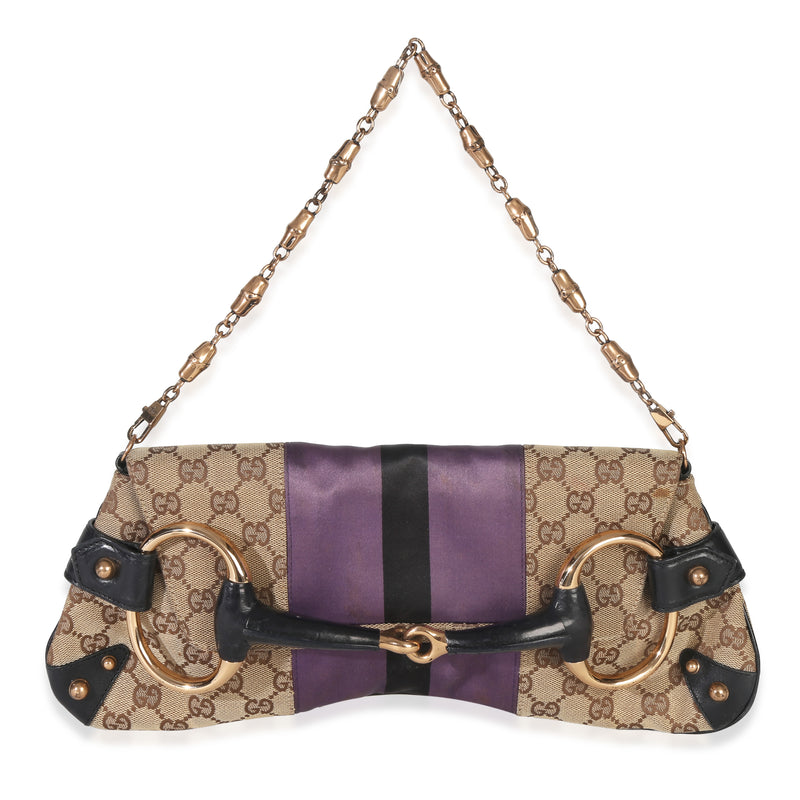 Beige Purple Satin GG Canvas Horsebit Chain Clutch