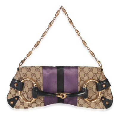 Beige Purple Satin GG Canvas Horsebit Chain Clutch