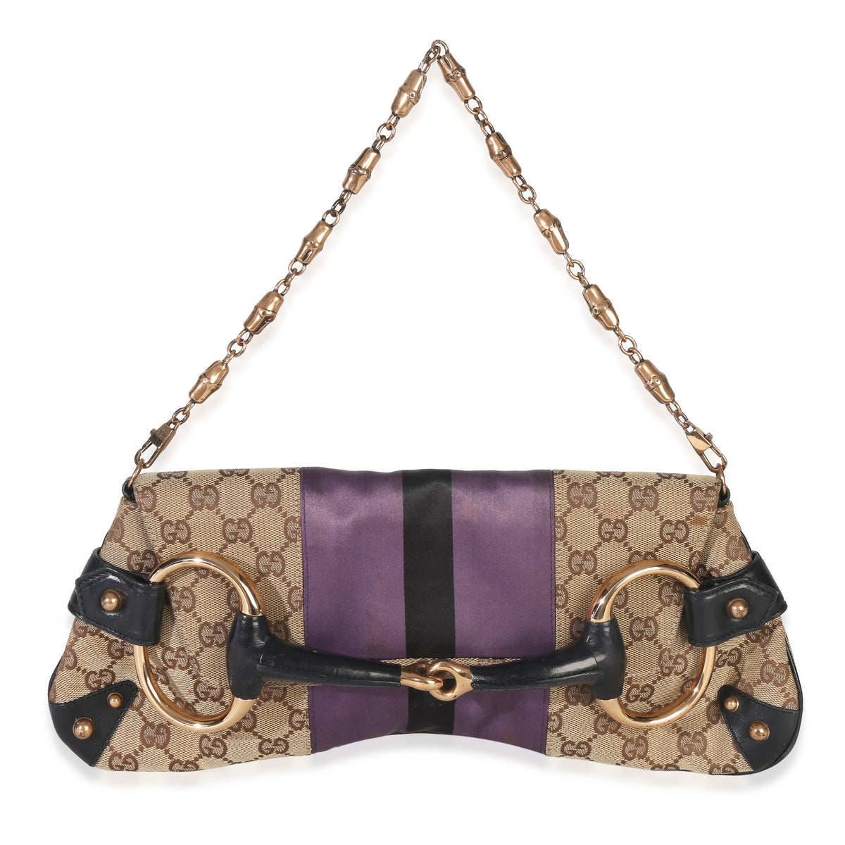 Beige Purple Satin GG Canvas Horsebit Chain Clutch