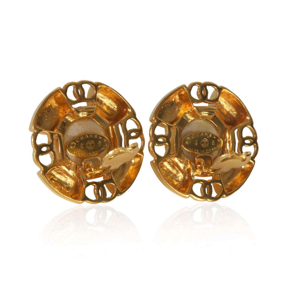 Chanel Gold Plated  Vintage Faux Pearl Button Earrings bv