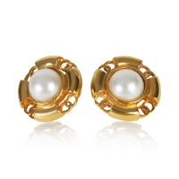 Chanel Gold Plated  Vintage Faux Pearl Button Earrings fv