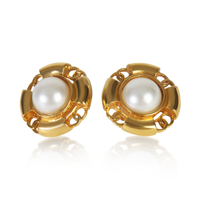 Gold-Plated  Vintage Faux Pearl Button Earrings