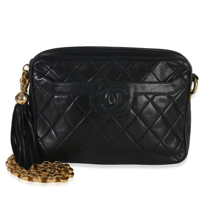 Chanel Vintage Black Quilted Lambskin Small Tassel Camera Bag Handbag fv