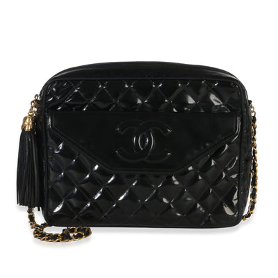 Chanel Vintage Black Quilted Patent Medium Tassel Camera Bag Handbag id