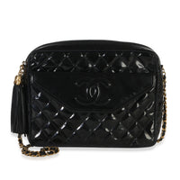 Chanel Vintage Black Quilted Patent Medium Tassel Camera Bag Handbag id