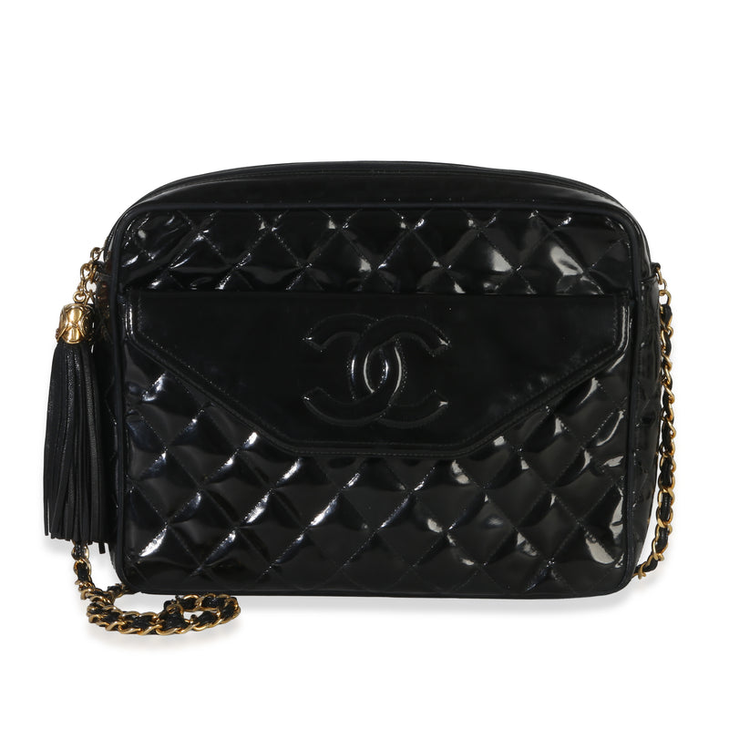 Chanel Vintage Black Quilted Patent Medium Tassel Camera Bag Handbag id