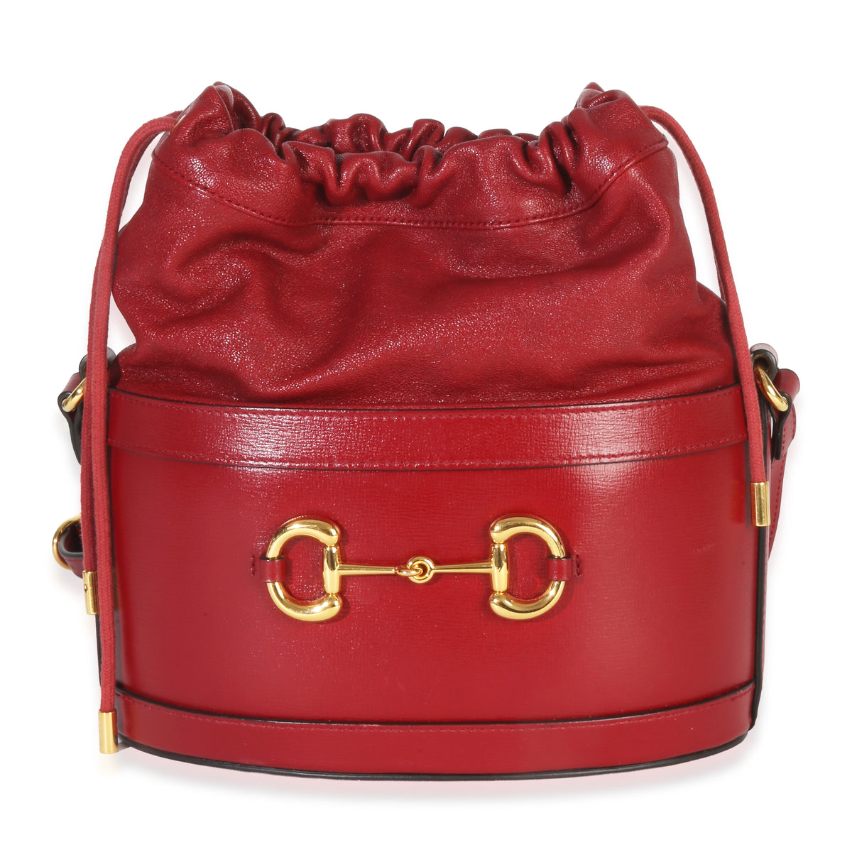 Gucci Red Calfskin Horsebit 1955 Drawstring Bucket Bag Handbag fv