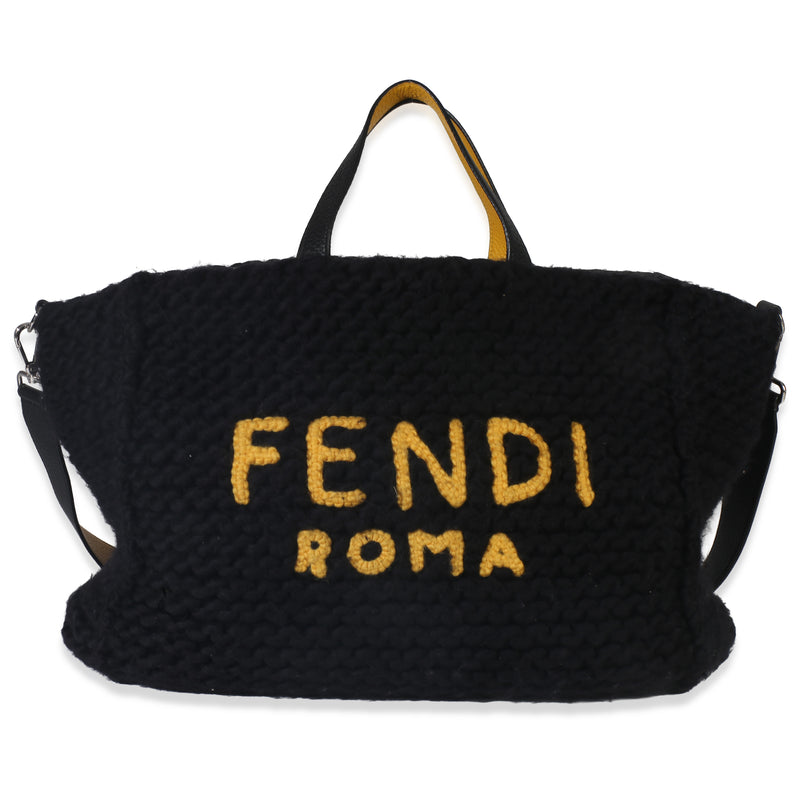 Fendi Yellow Black Wool Logo Tote Handbag fv