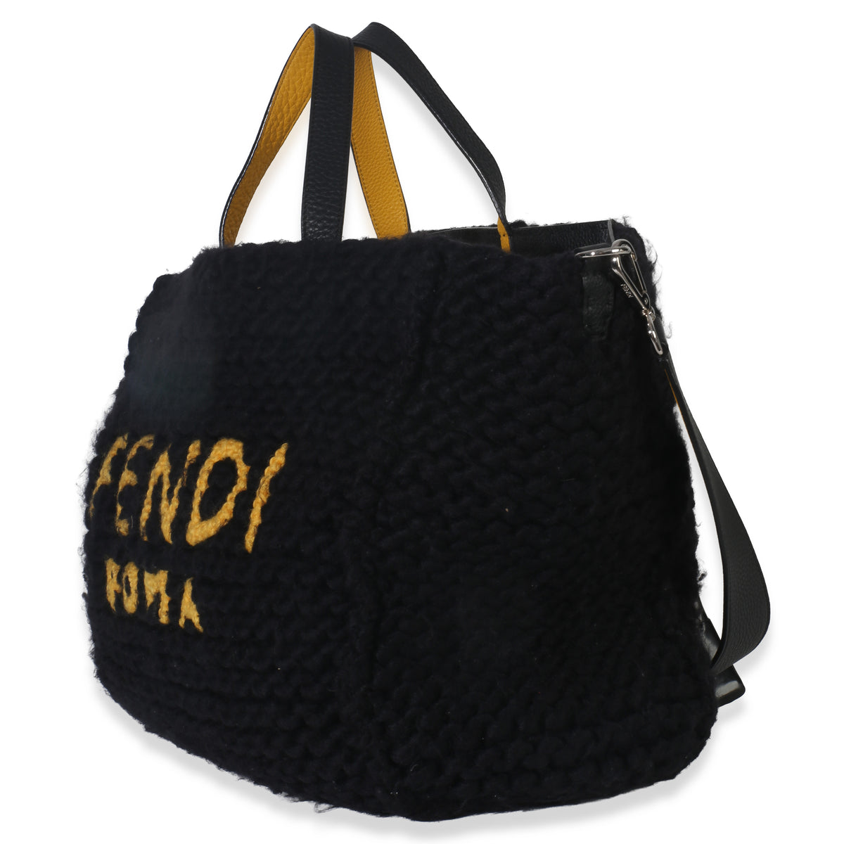 Fendi Yellow Black Wool Logo Tote Handbag sv